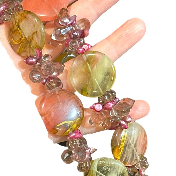 Stunning colorful faux Quartz Chunky stone disk pearl glass crystal necklace - Picture 4 of 13